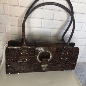 Brown Patent  Leather Tote Handbag Purse LR Linear 12 Inches Long  6 Inches Tall